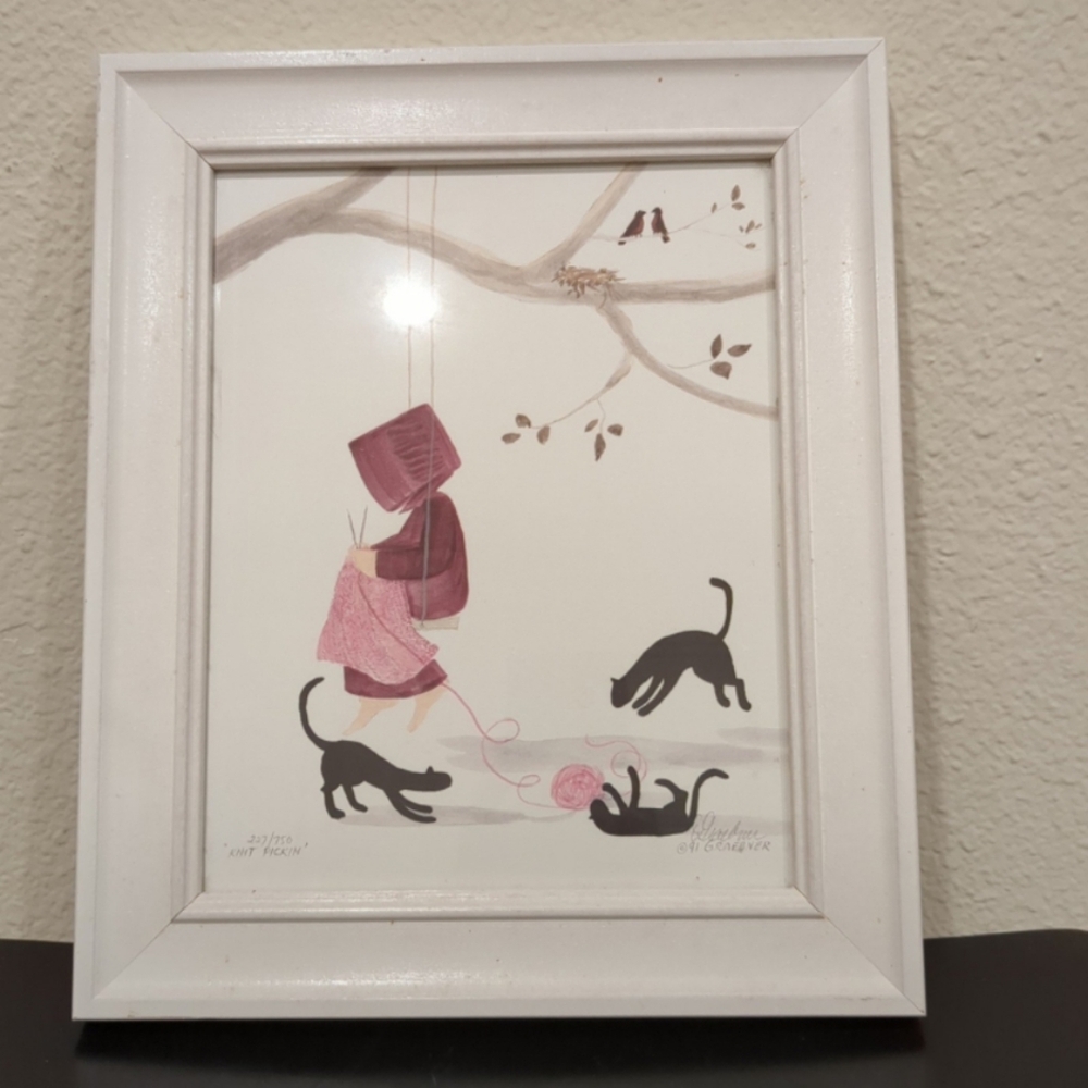 1991 Vintage Folk Art Diane Graebner Signed Print "Knit Pickin" #227/750